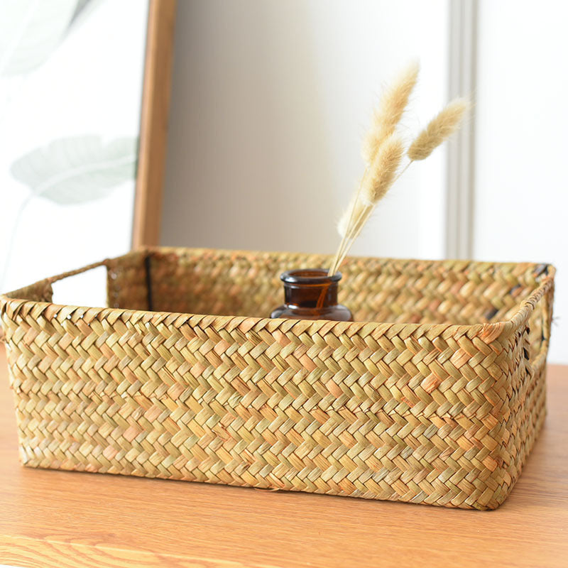 Straw Woven Rectangular Storage Baskets, Finishing Baskets, Woven Bamboo Baskets,
