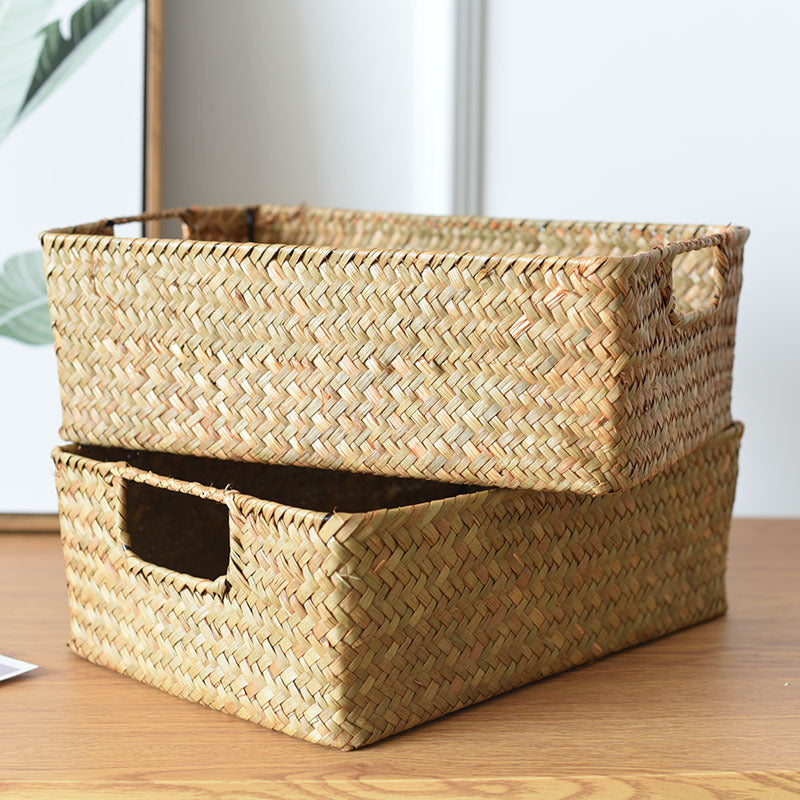 Straw Woven Rectangular Storage Baskets, Finishing Baskets, Woven Bamboo Baskets,