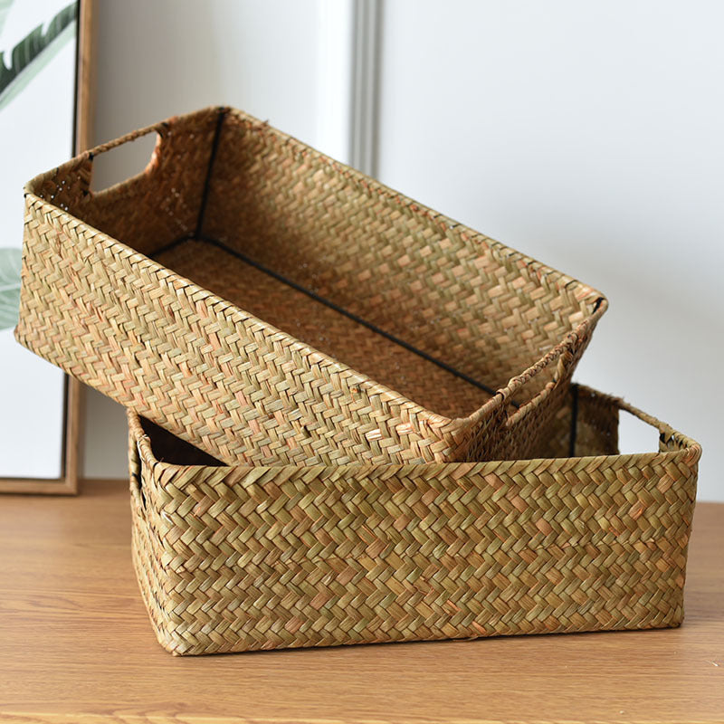 Straw Woven Rectangular Storage Baskets, Finishing Baskets, Woven Bamboo Baskets,